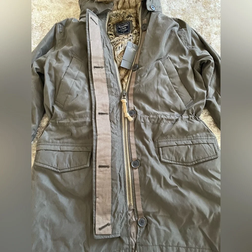 NWT Abercrombie & Fitch Olive Fur Parka Jacket with Faux Fur Hood Size Small_3